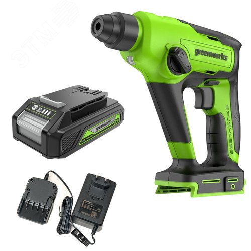 Изображение товара Перфоратор акк. Greenworks GD24SDS1, 24V, б/щет, 1,2 Дж, 4800 уд/мин, 12 мм, c 1хАКБ 2Ач и ЗУ (3803107UA) (шт)
