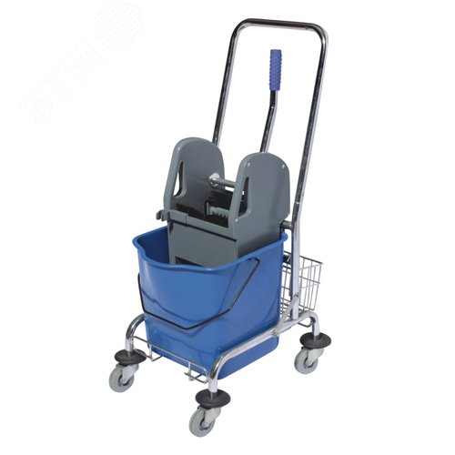 Изображение товара Тележка уборочная 1-съемное ведро 25л, механический отжим, корзина, металлический каркас, синяя, 601498 (шт)