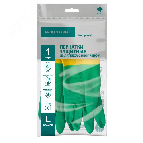 Изображение товара Перчатки защитные КЩС латекс и неопрен, 1 пара, L, зеленый+желтый (пар)