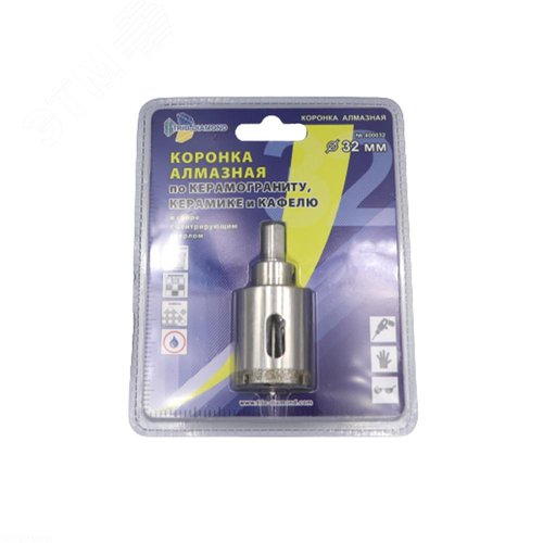 Изображение товара Коронка алмазная с центрирующим сверлом 32 мм, по плитке и стеклу хвостовик цилиндрический с тремя гранями, мокрое сверление (шт)