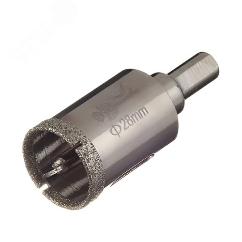 Изображение товара Коронка алмазная с центрирующим сверлом 28 мм, по плитке и стеклу хвостовик цилиндрический с тремя гранями, мокрое сверление (шт)