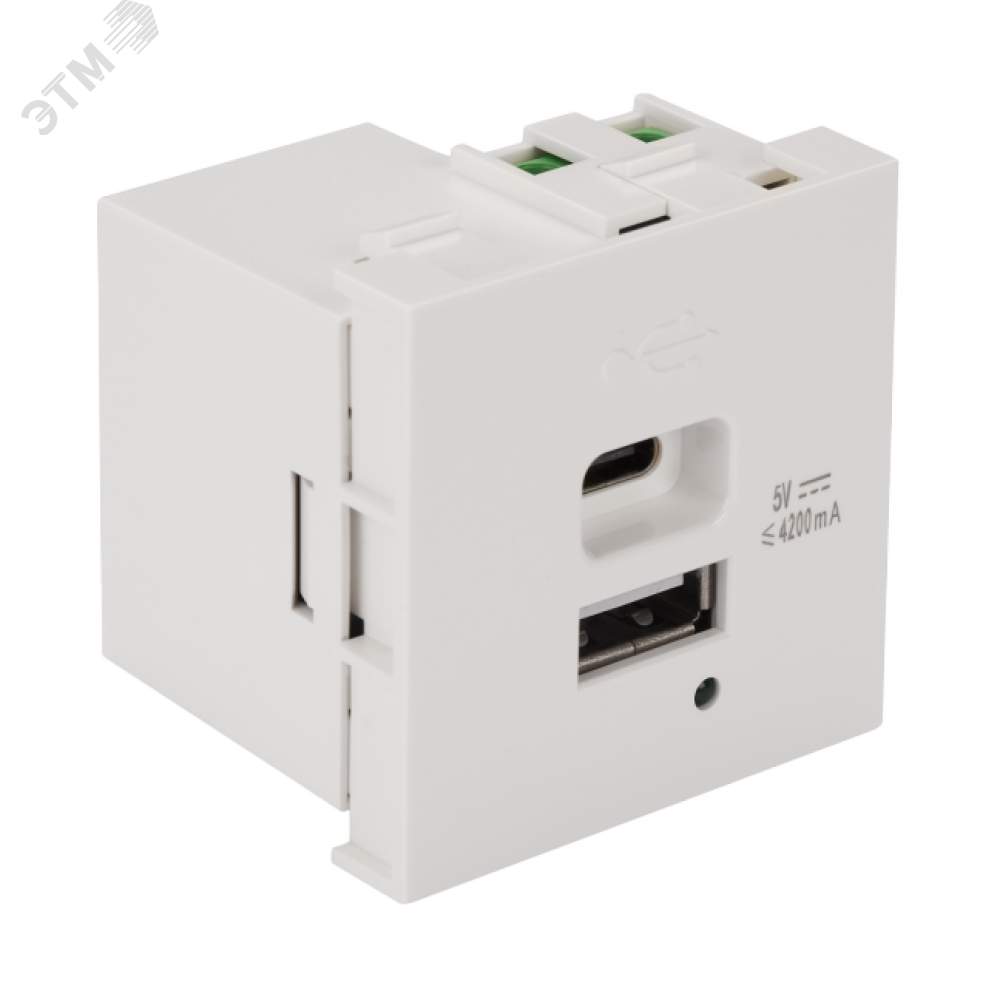 Изображение товара Модуль USB-зарядки, 1 порт USB-C + 1 порт USB-A, 4.2A/5V, 45x45 (аналог Mosaic), белый (шт)