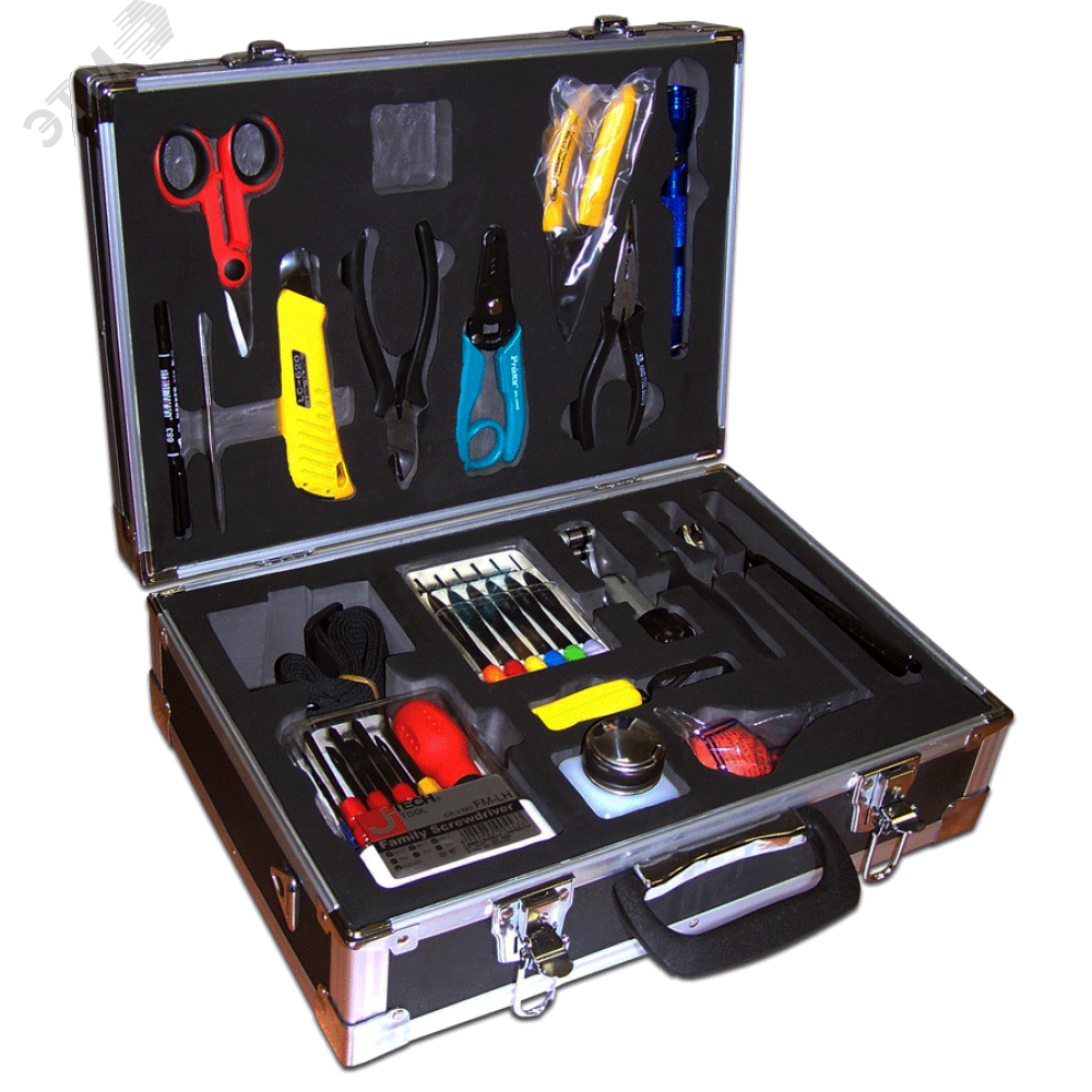 Изображение товара Набор инструментов для работы с оптическим кабелем 18 предметов в алюминиевом кейсе