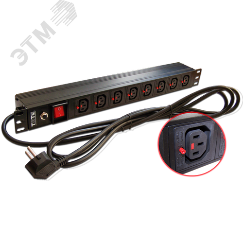 Изображение товара Блок розеток 19' 1Ф 10A с выключателем 8xC13 с фикс., шнур 3м (шт)