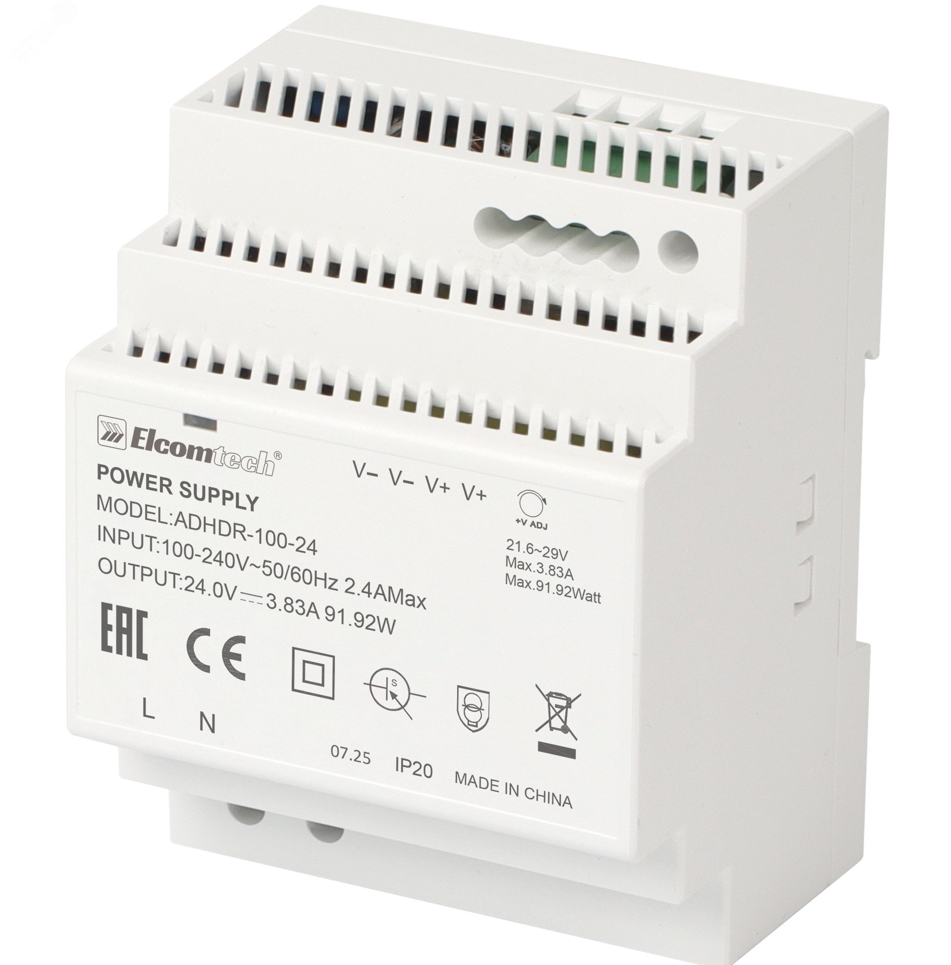 Изображение товара Блок питания на DIN рейку 92W 24V 3.83A Elcomtech ADHDR-100-24