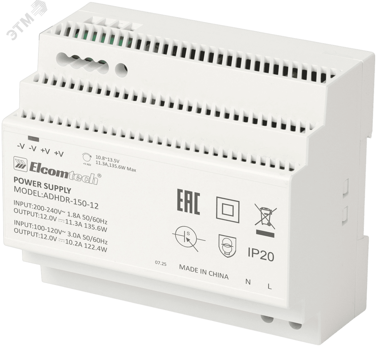 Изображение товара Блок питания на DIN рейку AC/DC 135W 12V 11,3A ELCOMTECH