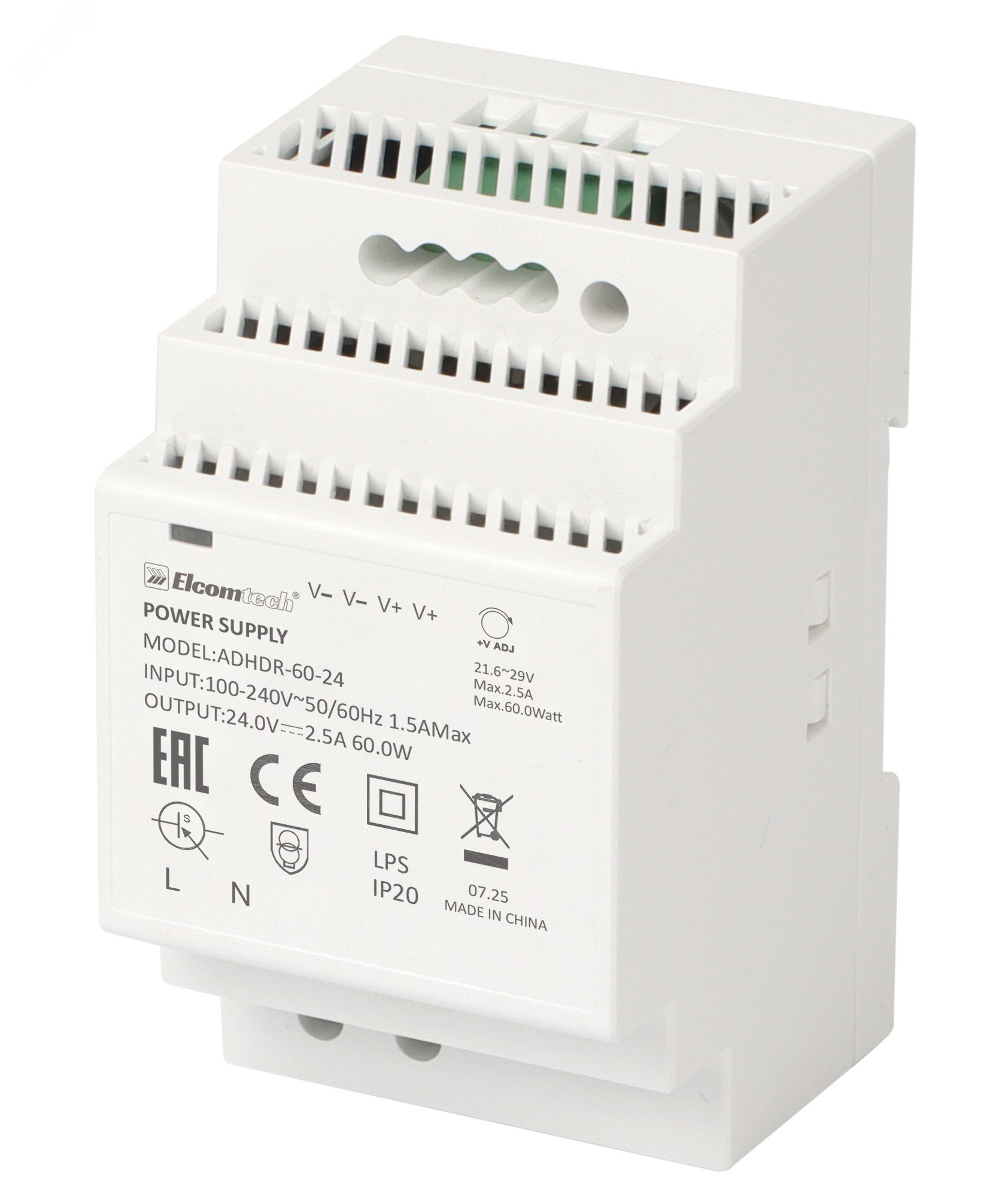 Изображение товара Блок питания на DIN рейку AC/DC 60W 24V 2.5A Elcomtech ADHDR-60-24