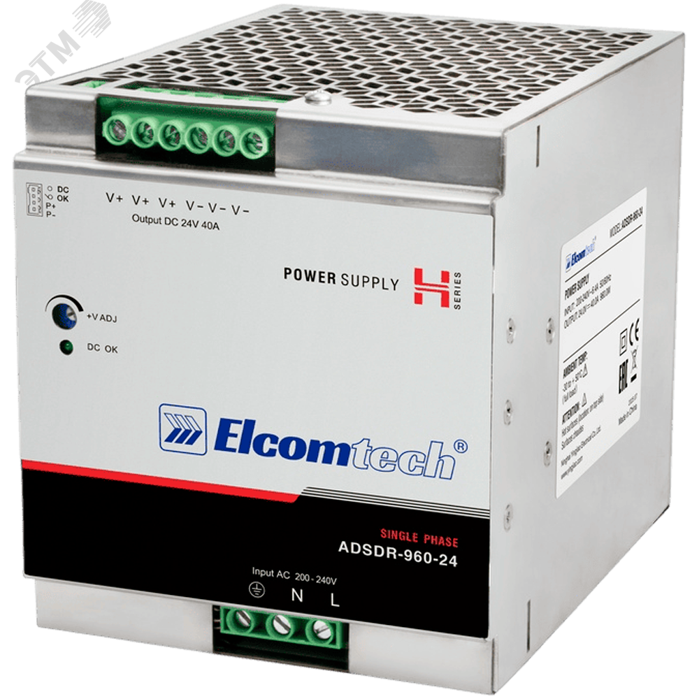 Изображение товара Блок питания AC/DC 960W 24V 40A на DIN рейку Elcomtech ADSDR-960-24 надежное источник питания Изображение товара Блок питания AC/DC 960W 24V 40A на DIN рейку Elcomtech ADSDR-960-24 надежное источник питания