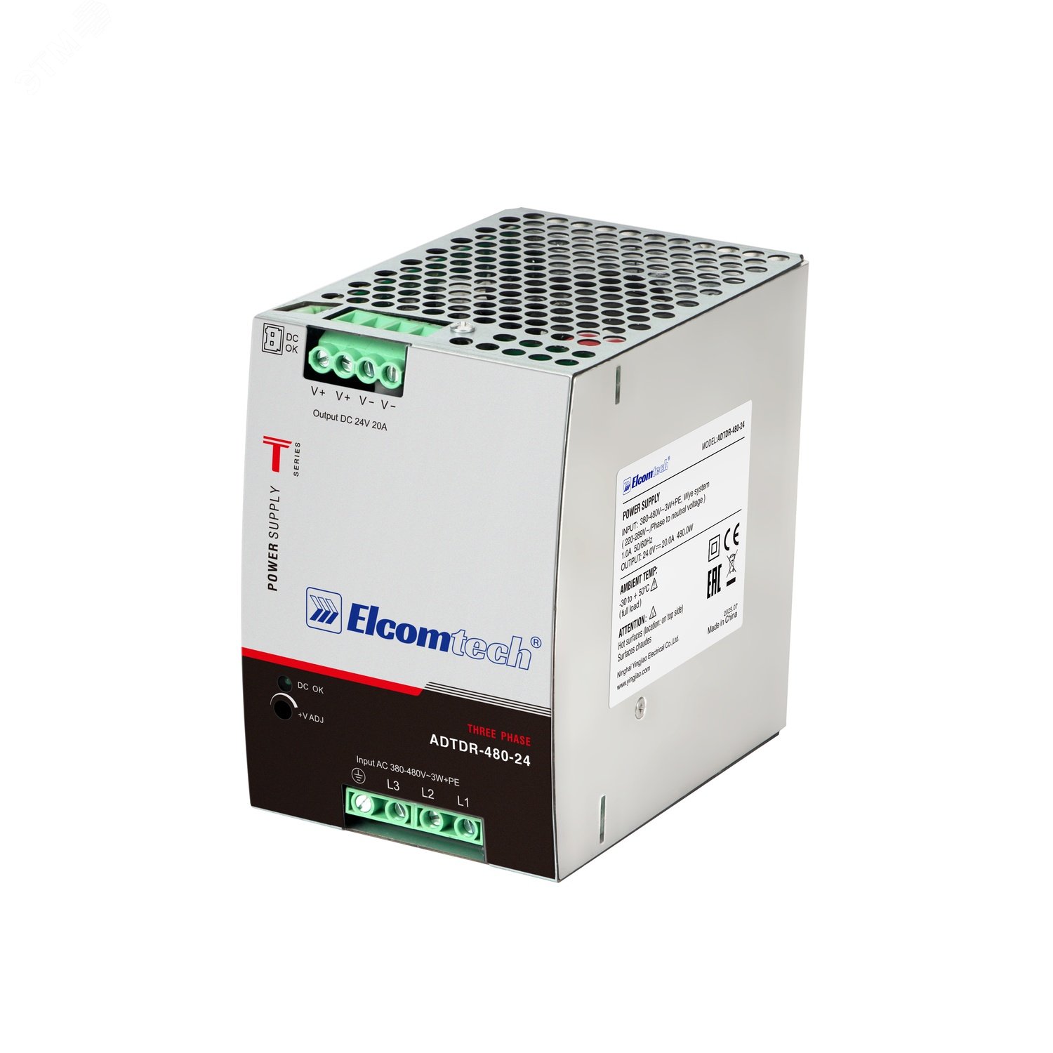 Изображение товара Блок питания AC/DC 480W на DIN рейку 24V 20A Elcomtech ADTDR-480-24