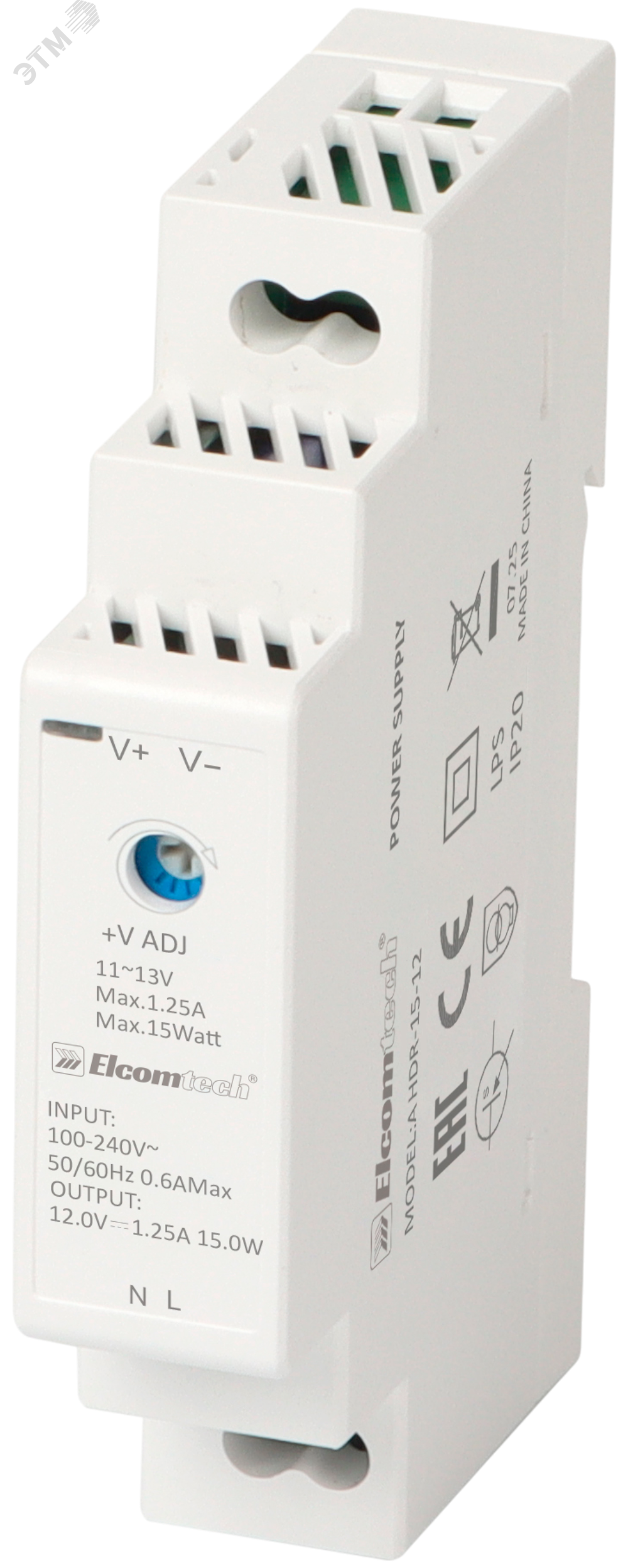 Изображение товара Блок питания на DIN рейку AC/DC 15W вход 100-240V,выход 12V 1,25A A (шт)