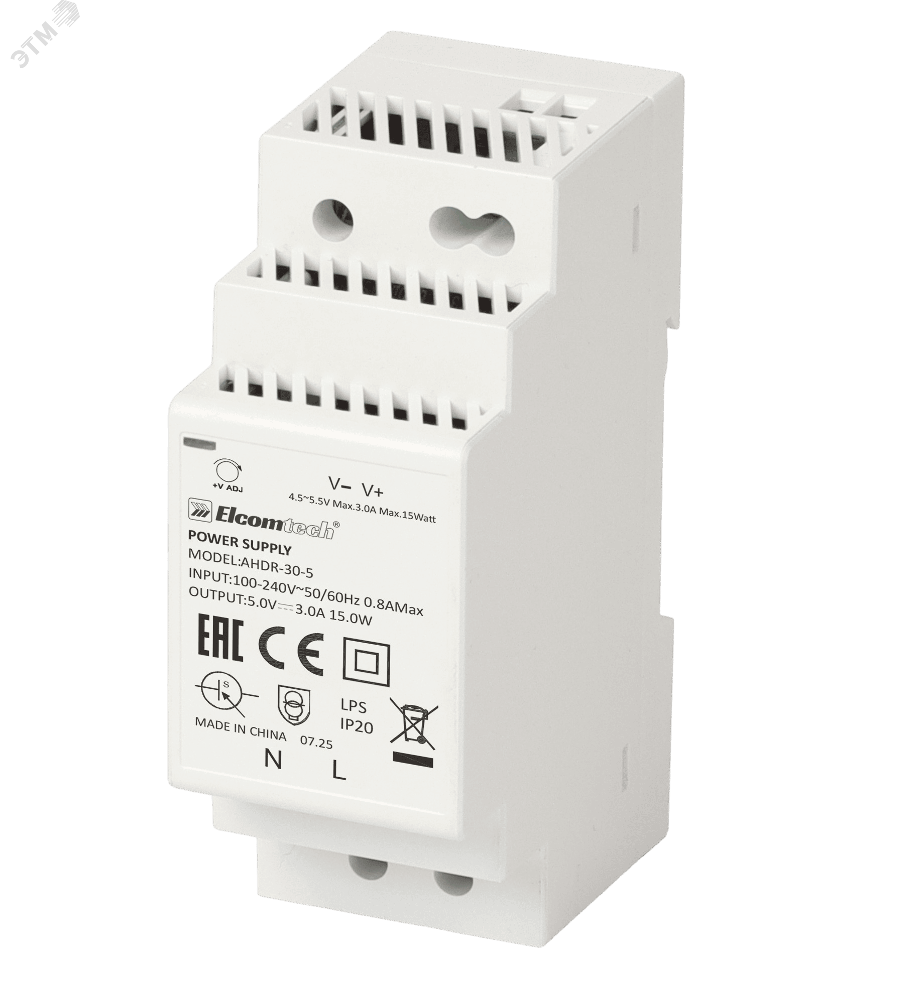 Изображение товара Блок питания на DIN рейку AC/DC 15W вход 100-240V,выход 5V 3A A (шт)