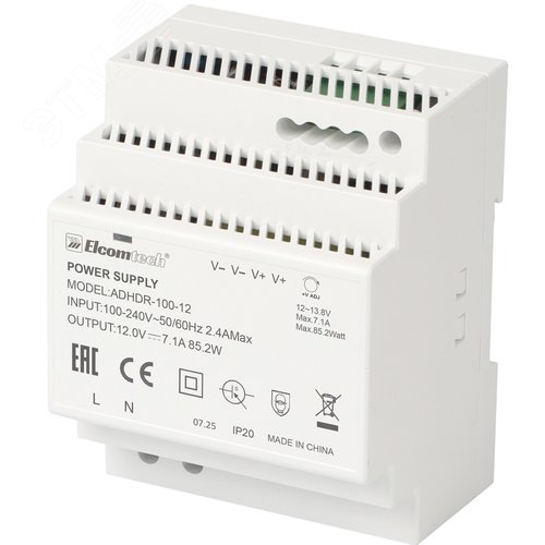 Изображение товара Источник питания на DIN рейку AC/DC 85W вход 100-240V,выход 12V 7,1A ADHDR-100-12 (шт)