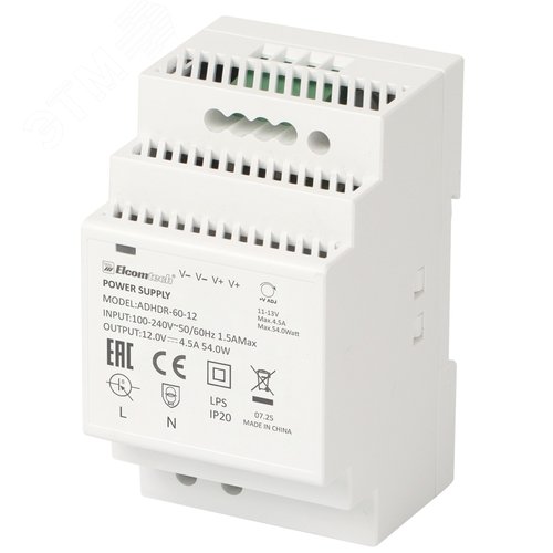 Изображение товара Источник питания на DIN рейку AC/DC 54W вход 100-240V,выход 12V 4,5A AD (шт)