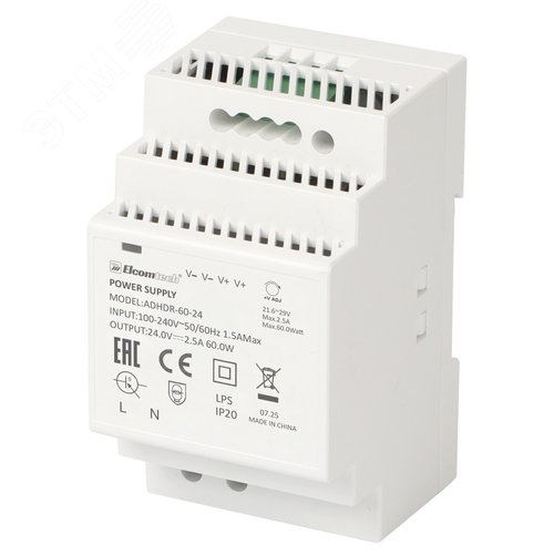 Изображение товара Источник питания на DIN рейку AC/DC 60W вход 100-240V,выход 24V 2,5A ADHDR-60-24 (шт)