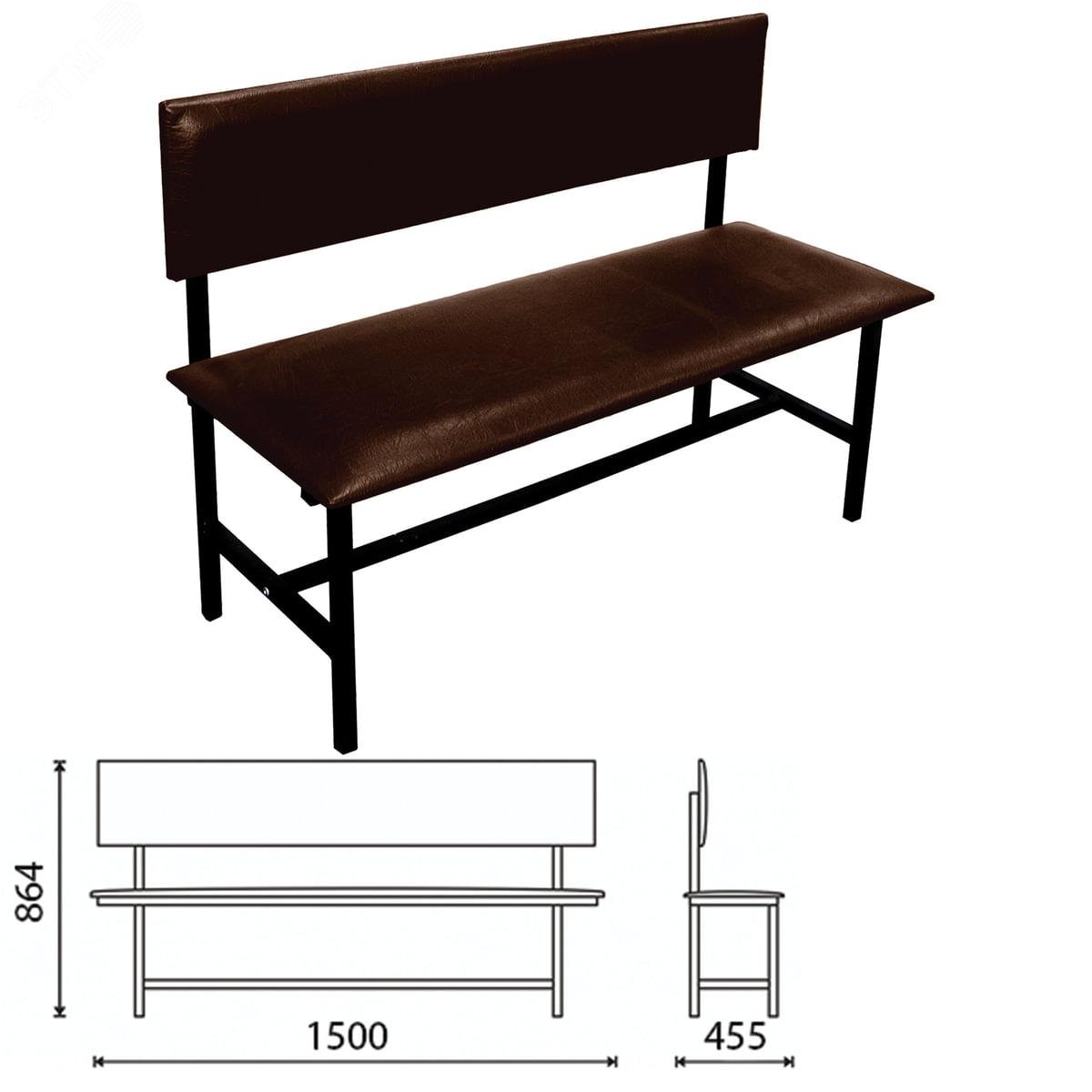 Изображение товара Банкетка со спинкой ''Берта'' (1500 х 455 х 864), усиленная, черный каркас, кожзам коричневый, разборная, БМ6К006 (шт)