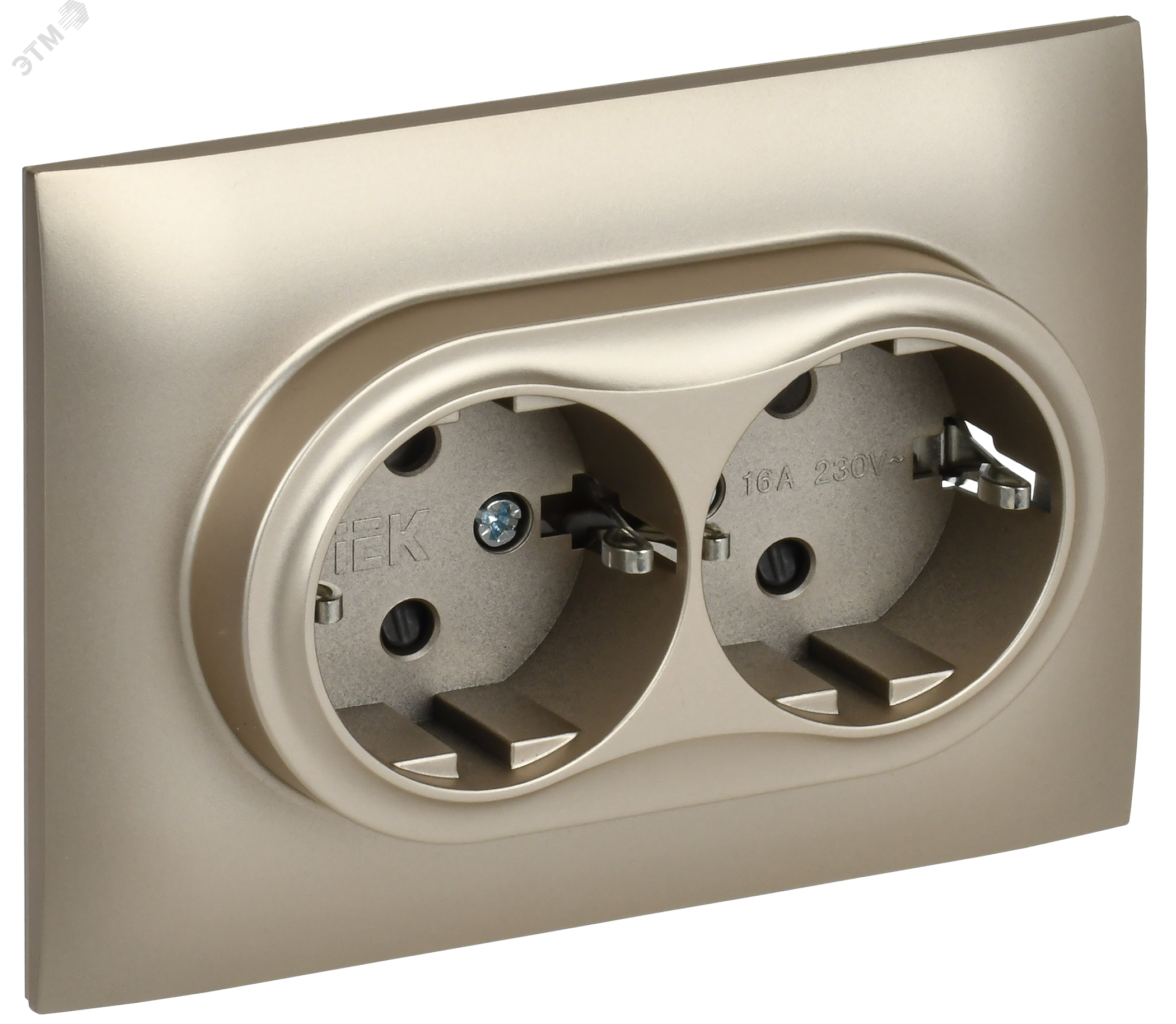 Изображение товара Розетка двойная со заземлением с защитными шторками в сборе SKANDY IEK шампань