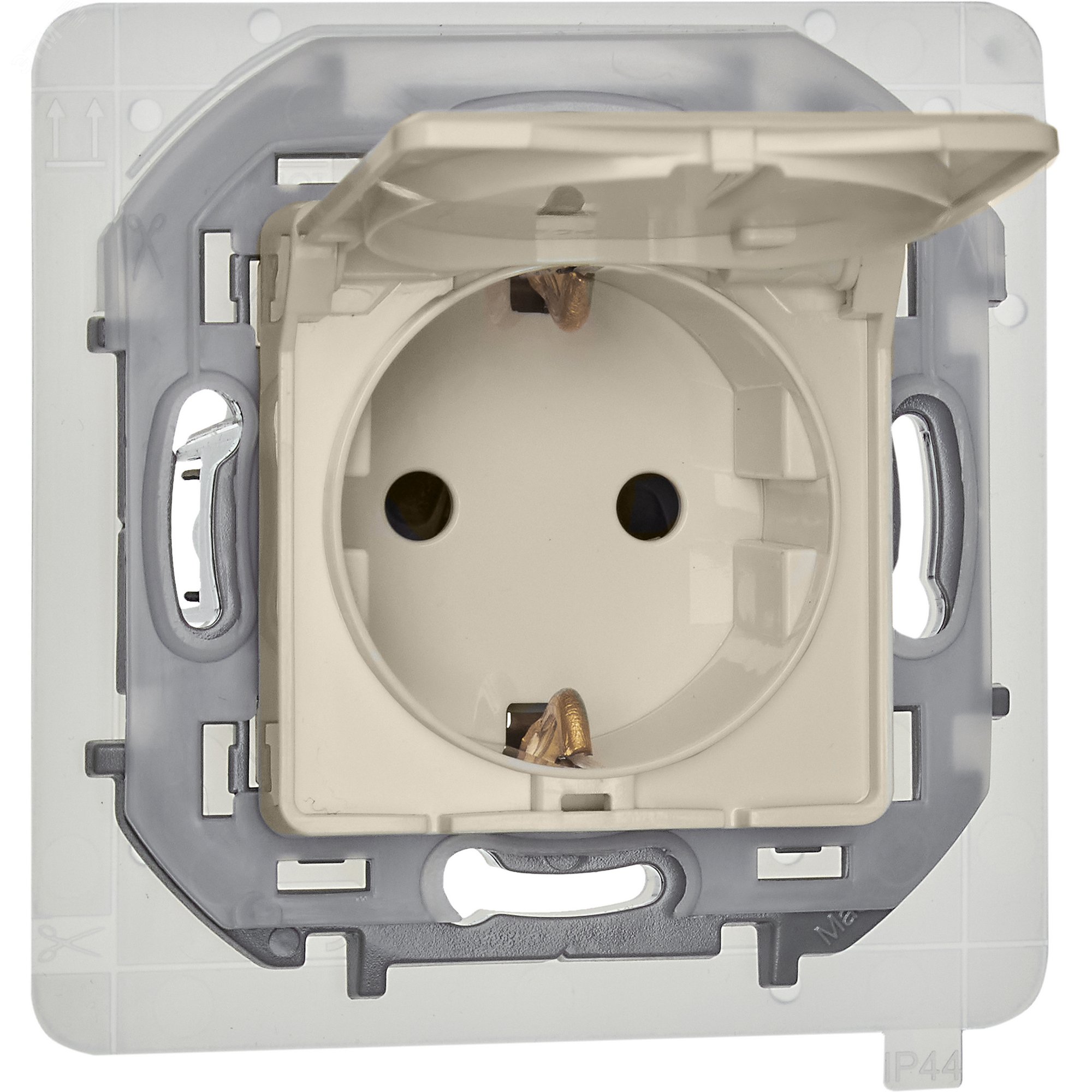 Изображение товара Розетка 1-местная с защитными шторками и заземлением INSPIRIA IP44 16А бежевый