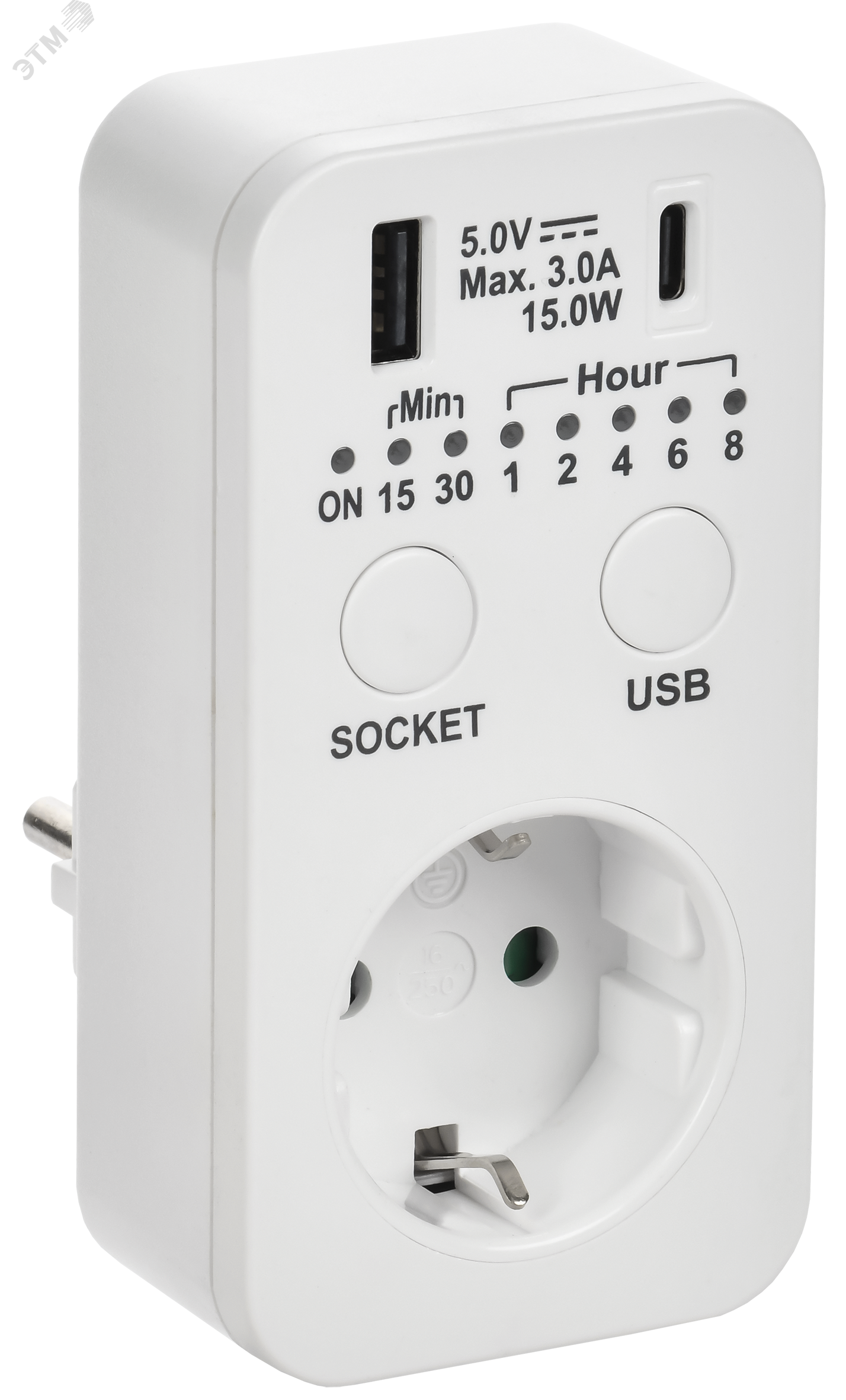Изображение товара Электронный розетка-таймер с USB A+C 15мин-8ч 16А IP20 IEK