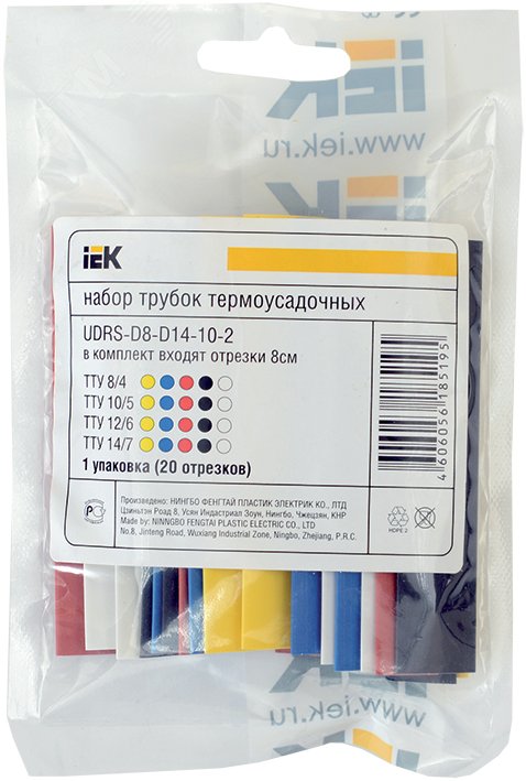 Набор трубок термоусадочных ТТУ 2/1 4/2 6/3 8/4 желтый/синий/красный/черный/белый 20х8см UDRS-D2-D8-10-2 IEK