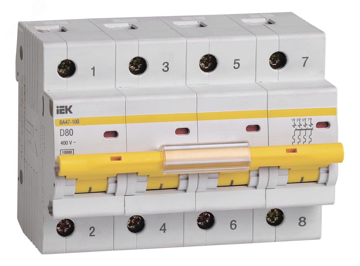 Выключатель автоматический четырехполюсный 80А D ВА47-100 10кА MVA40-4-080-D IEK - превью 2