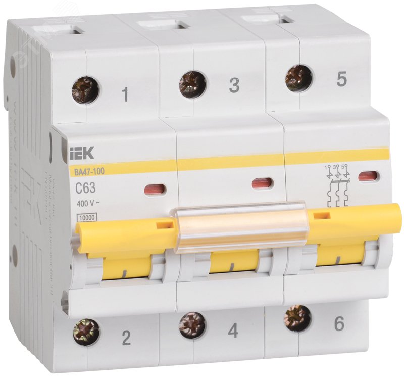 Выключатель автоматический трехполюсный 63А С ВА47-100 10кА MVA40-3-063-C IEK - превью 2