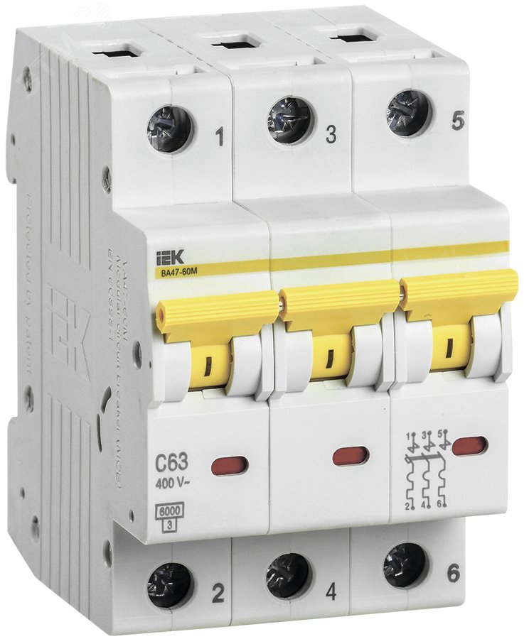 Изображение товара Выключатель автоматический ВА47-60М 3Р 63А 6кА С для электросетей
