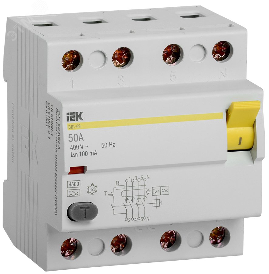 Выключатель дифференциального тока (УЗО) ВД1-63 4Р 50А 100мА А(Электромеханическое) MDV11-4-050-100 IEK - превью 2