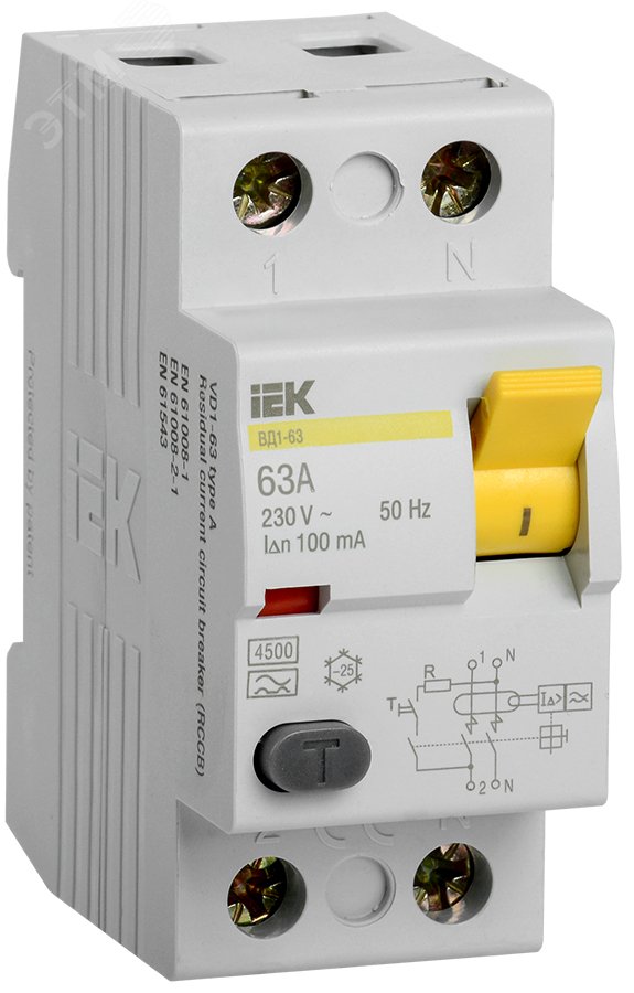 Выключатель дифференциальный тока (УЗО) ВД1-63 2Р 63А 100мА тип А(Электромеханическое) MDV11-2-063-100 IEK - превью 2