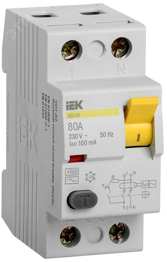 Выключатель дифференциального тока (УЗО) ВД1-63 2п 80А 100мА АС(Электромеханическое) MDV10-2-080-100 IEK - превью 2