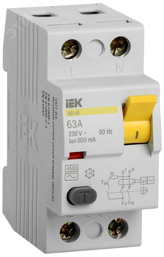 Выключатель дифференциального тока (УЗО) 2п 63А 300мА ВД1-63 АС(Электромеханическое) MDV10-2-063-300 IEK - превью 2