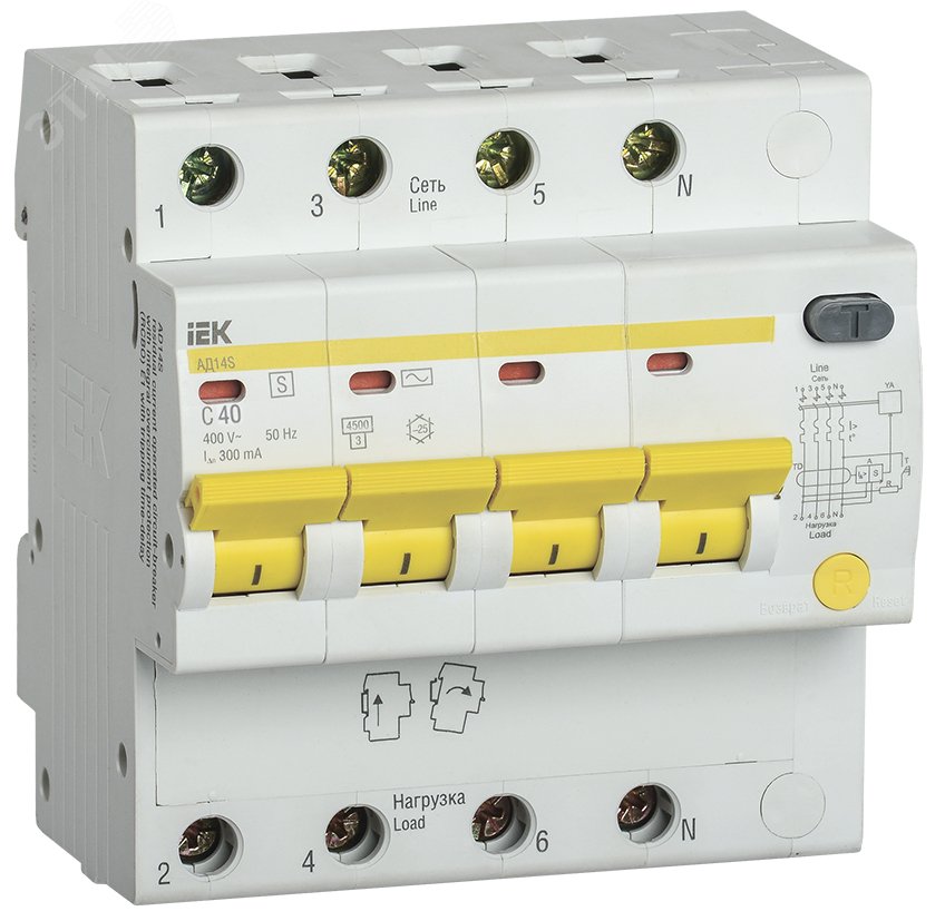 Выключатель автоматический дифференциальный АД14S 4Р 40А 300мА MAD13-4-040-C-300 IEK