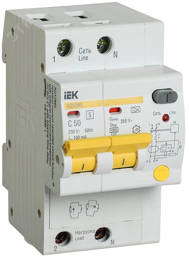 Изображение товара Выключатель автоматический дифференциальный АД12MS 2Р 50А 100мА IEK