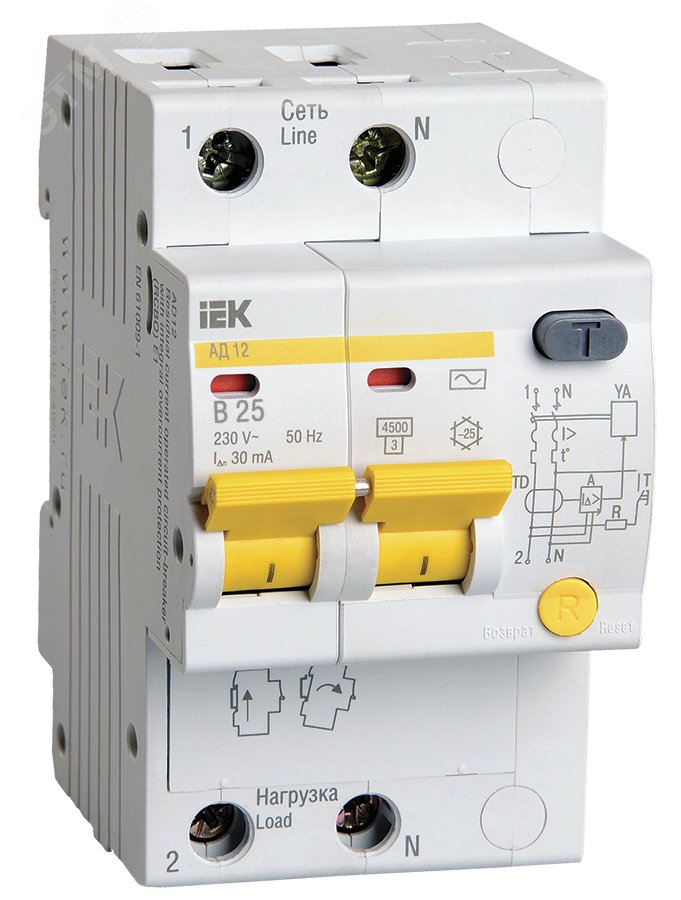 Выключатель автоматический дифференциальный АД12 2Р B25 30мА MAD10-2-025-B-030 IEK - превью 2
