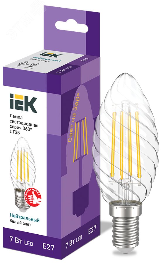 Лампа светодиодная CT35 свеча витая прозрачная 7Вт 230В 4000К E27 серия 360° IEK LLF-CT35-7-230-40-E27-CL IEK - превью 2