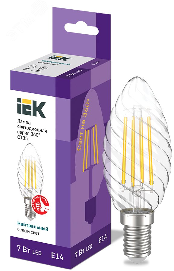 Лампа светодиодная CT35 свеча витая прозрачная 7Вт 230В 4000К E14 серия 360° IEK LLF-CT35-7-230-40-E14-CL IEK - превью 2