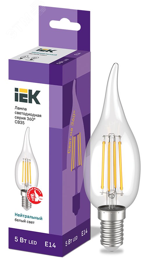 Лампа светодиодная CВ35 свеча на ветру прозрачная 5Вт 230В 4000К E14 серия 360° LLF-CB35-5-230-40-E14-CL IEK - превью 2