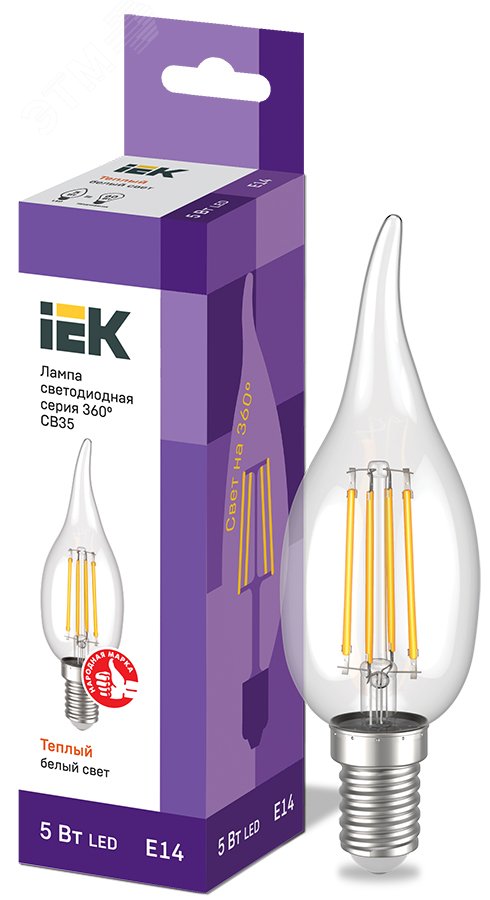 Лампа светодиодная CВ35 свеча на ветру прозрачная 5Вт 230В 3000К E14 серия 360° LLF-CB35-5-230-30-E14-CL IEK - превью 2
