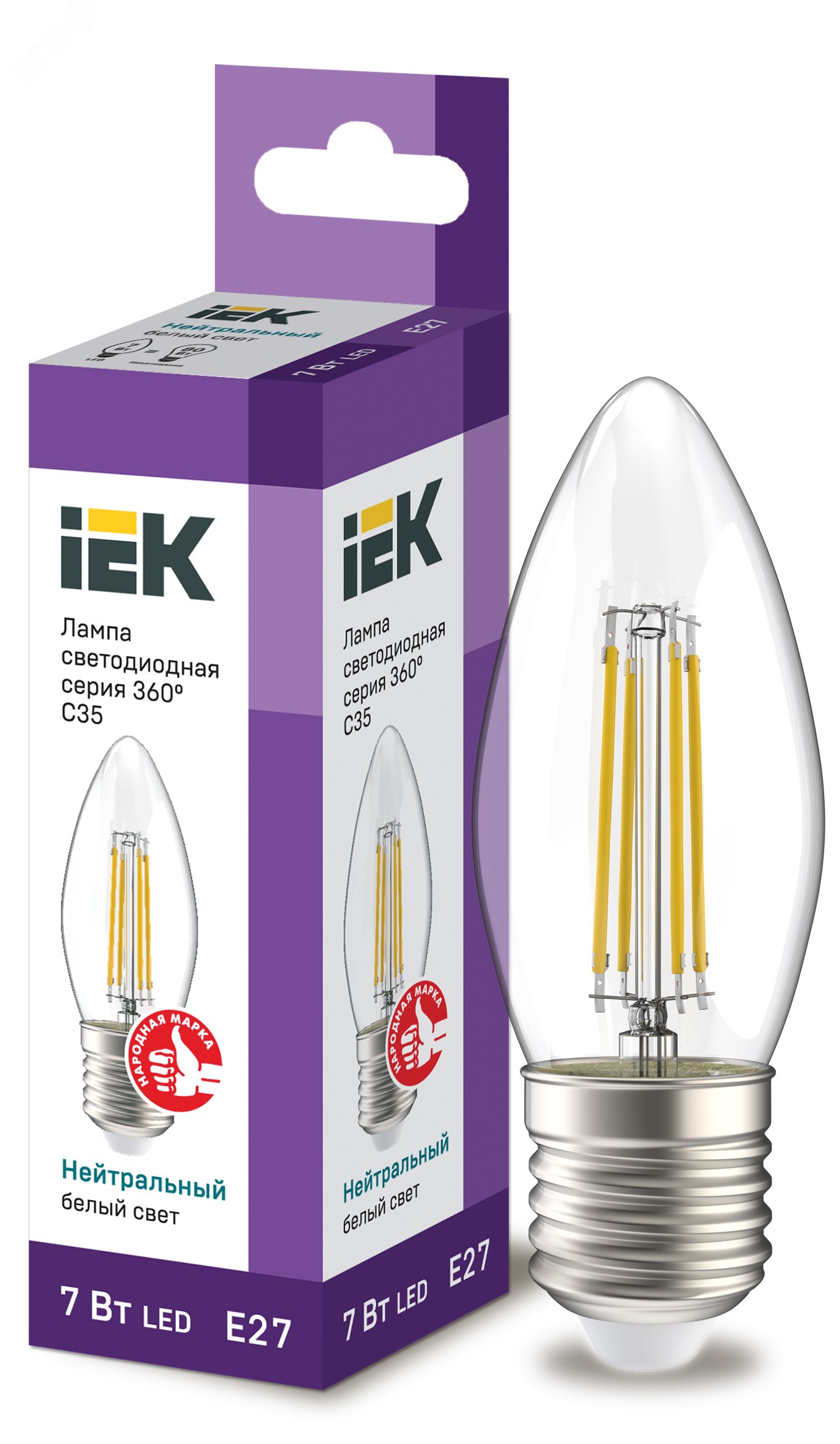 Лампа светодиодная C35 свеча прозрачная 7Вт 230В 4000К E27 серия 360° IEK LLF-C35-7-230-40-E27-CL IEK - превью 2