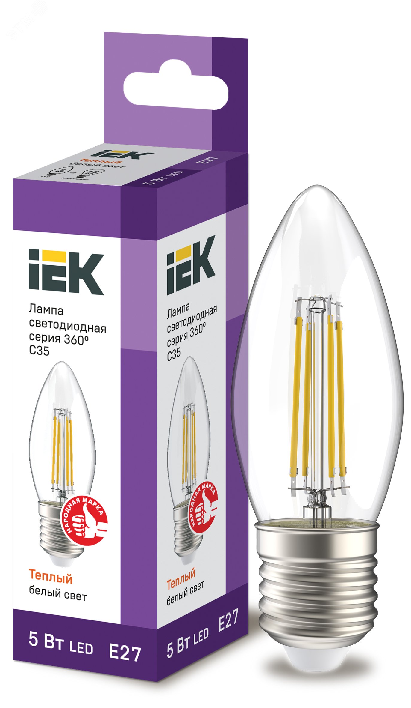 Лампа светодиодная LED 5вт Е27 теплый свеча FILAMENT LLF-C35-5-230-30-E27-CL IEK - превью 2