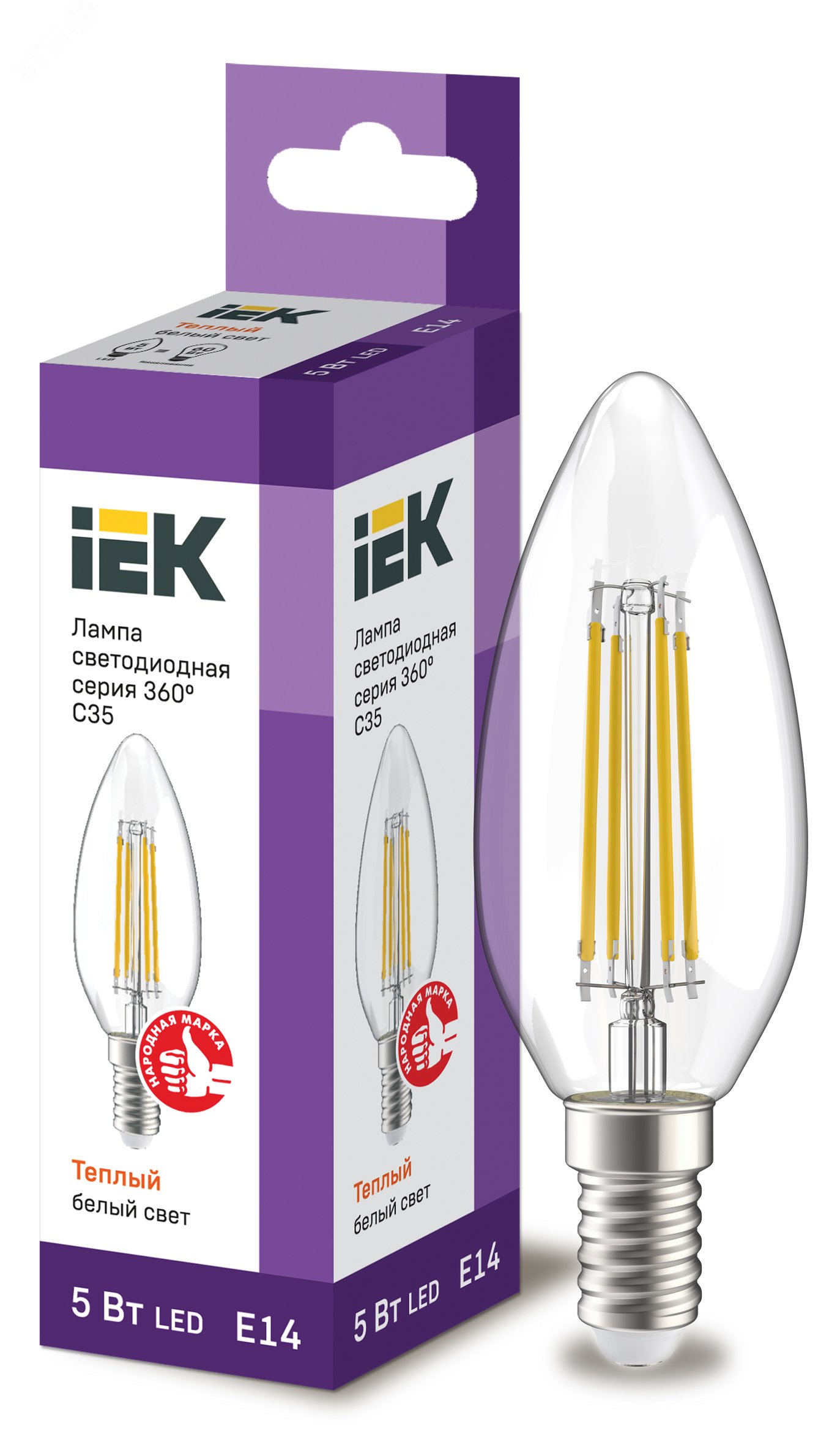 Лампа светодиодная C35 свеча прозрачная 5Вт 230В 3000К E14 серия 360° IEK LLF-C35-5-230-30-E14-CL IEK - превью 2