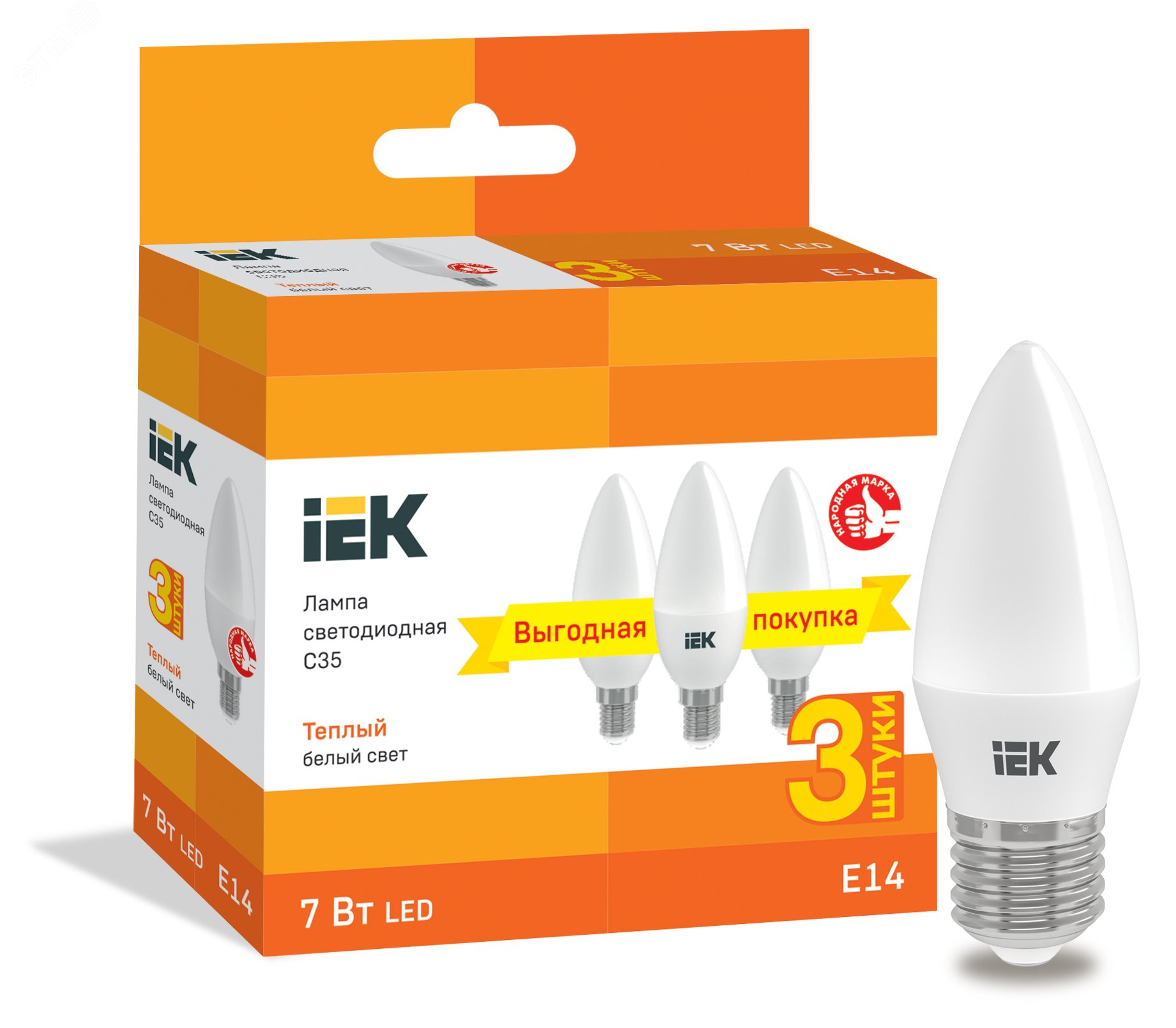 Лампа светодиодная C35 свеча 7Вт 230В 3000К E14 (3шт/упак) LLE-C35-07-230-30-E14-3 IEK - превью 2