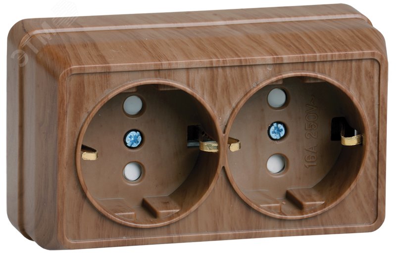 Изображение товара Розетка 2-местная с заземлением и защитными шторками для открытой установки 16А дуб