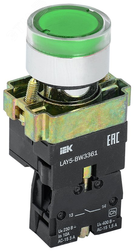 Кнопка управления зеленая LAY5-BW3361 1НО с подсветкой 240В BBT50-BW-K06 IEK
