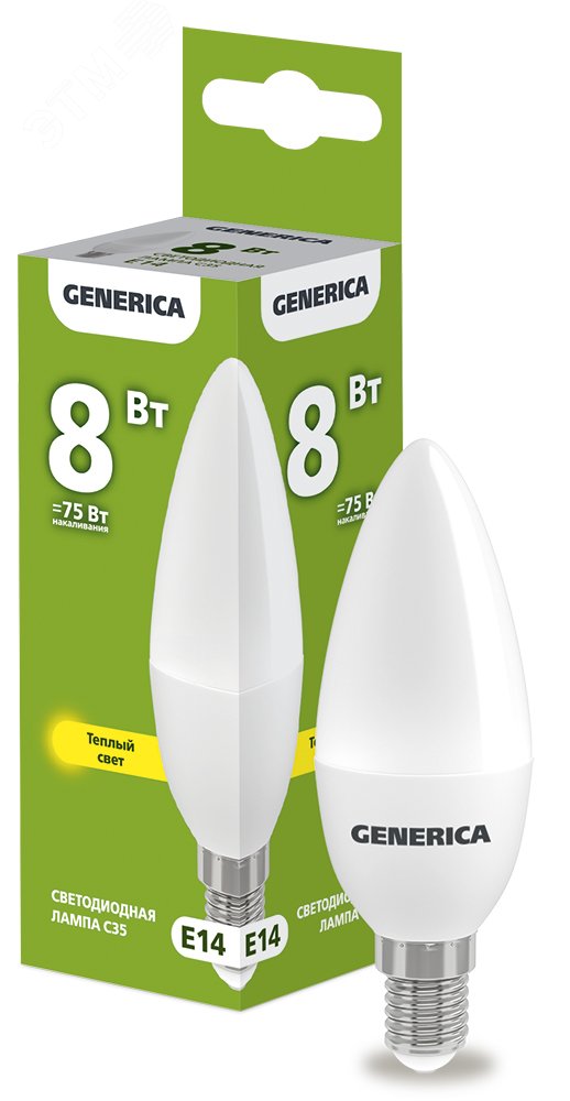 Изображение товара Светодиодная лампа C35 свеча 8Вт 230В 3000К E14 GENERICA