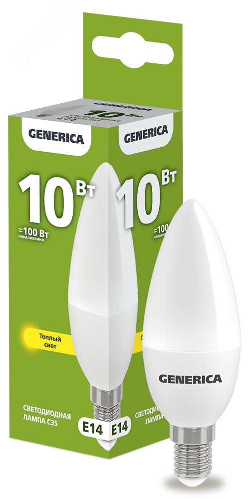 Изображение товара Светодиодная лампа C35 свеча 10Вт E14 GENERICA теплое освещение
