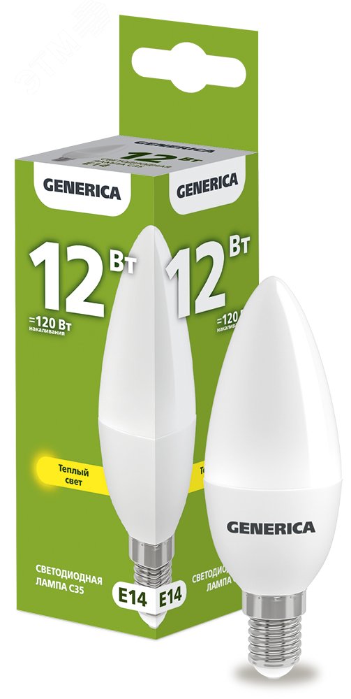 Изображение товара Лампа светодиодная C35 12Вт E14 3000К GENERICA
