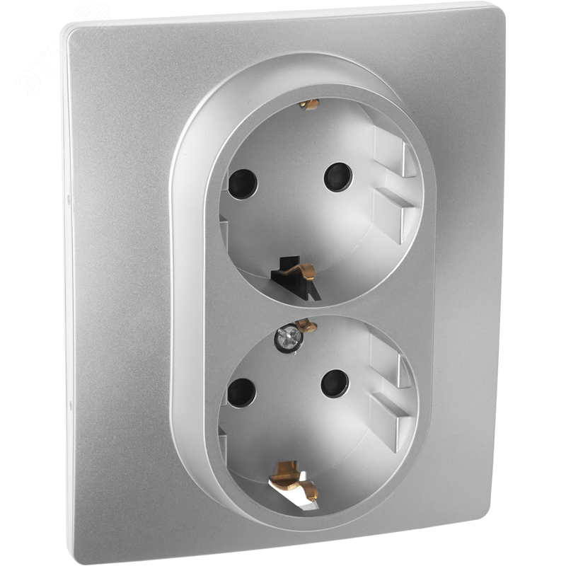 Изображение товара Розетка 2-местная с заземлением с защитными шторками 16А в сборе алюминий INSPIRIA (упак)