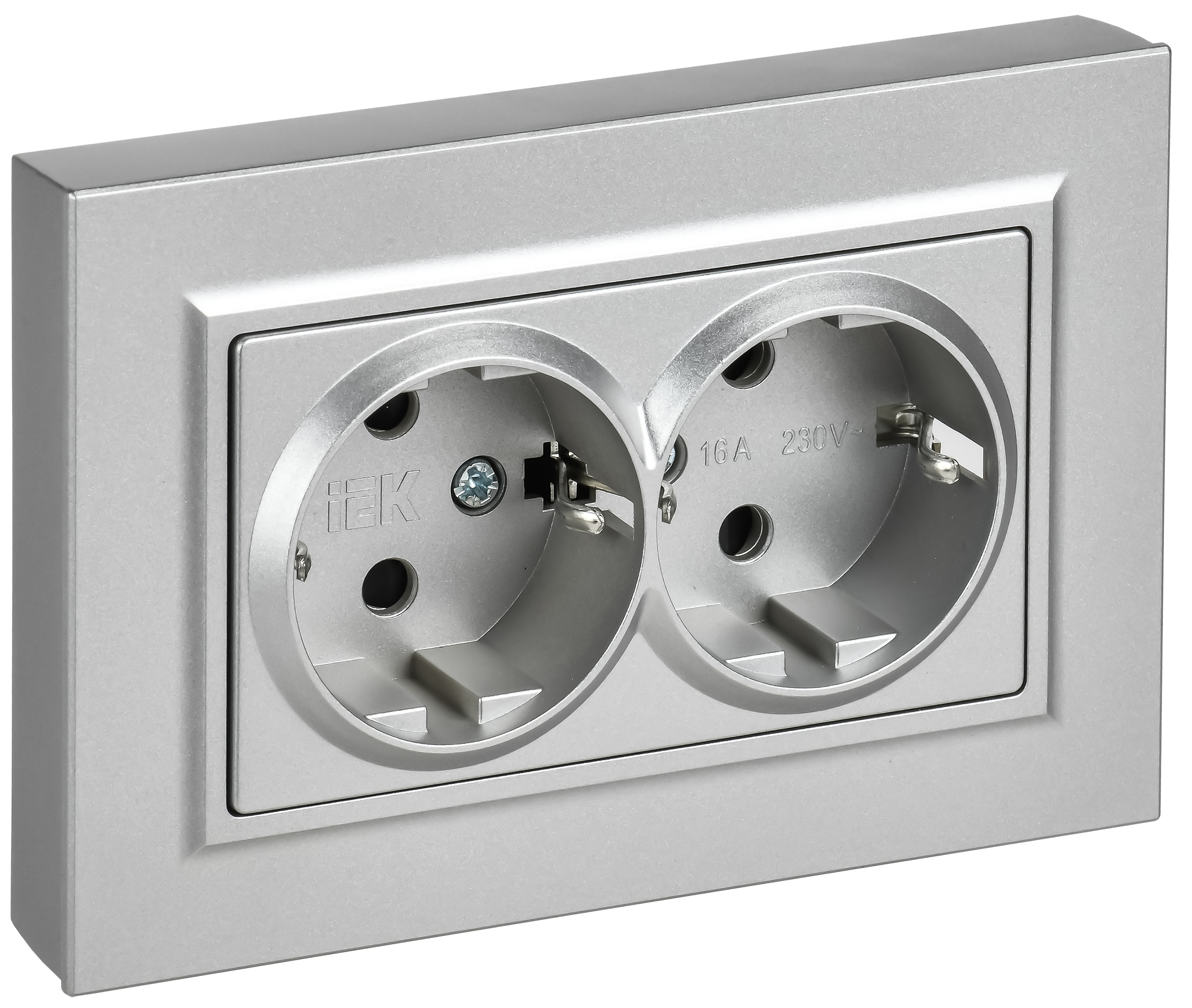 BRITE Розетка 2-местная с заземлением с защитными шторками плоская 16А в сборе РСшПл12-3-БрА алюминий IEK