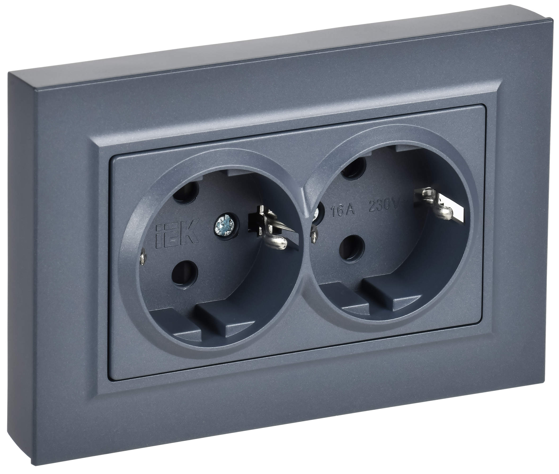 BRITE Розетка 2-местная с заземлением с защитными шторками плоская 16А в сборе РСшПл12-3-БрМ маренго IEK