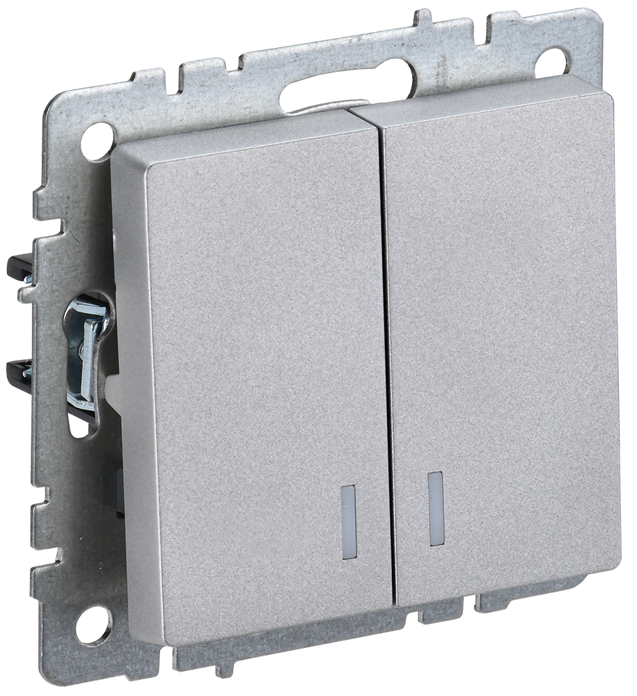 BRITE Выключатель 2-клавишный с индикацией 10А безвинтовое крепление ВС11-2-1-БрА алюминий IEK